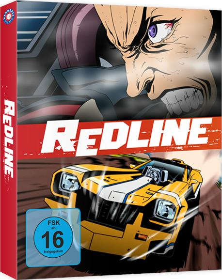 Redline Blu-ray-Box. Animiertes Bild eines gelben Autos beim Rennen. Rennszene auf dem Cover.