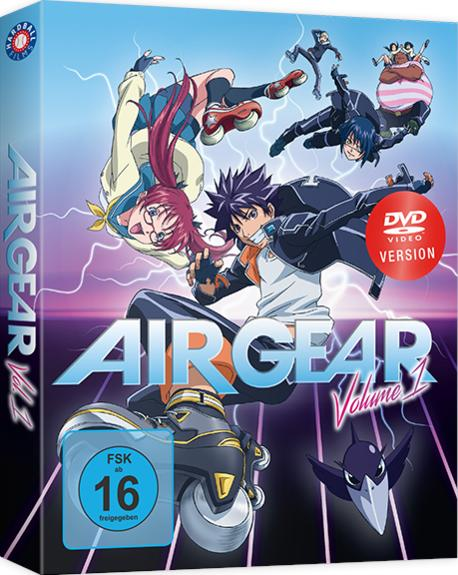 DVD-Hülle mit Anime-Charakteren in Action-Posen. Titel 'AIR GEAR' vor einem lila und blauen Hintergrund.