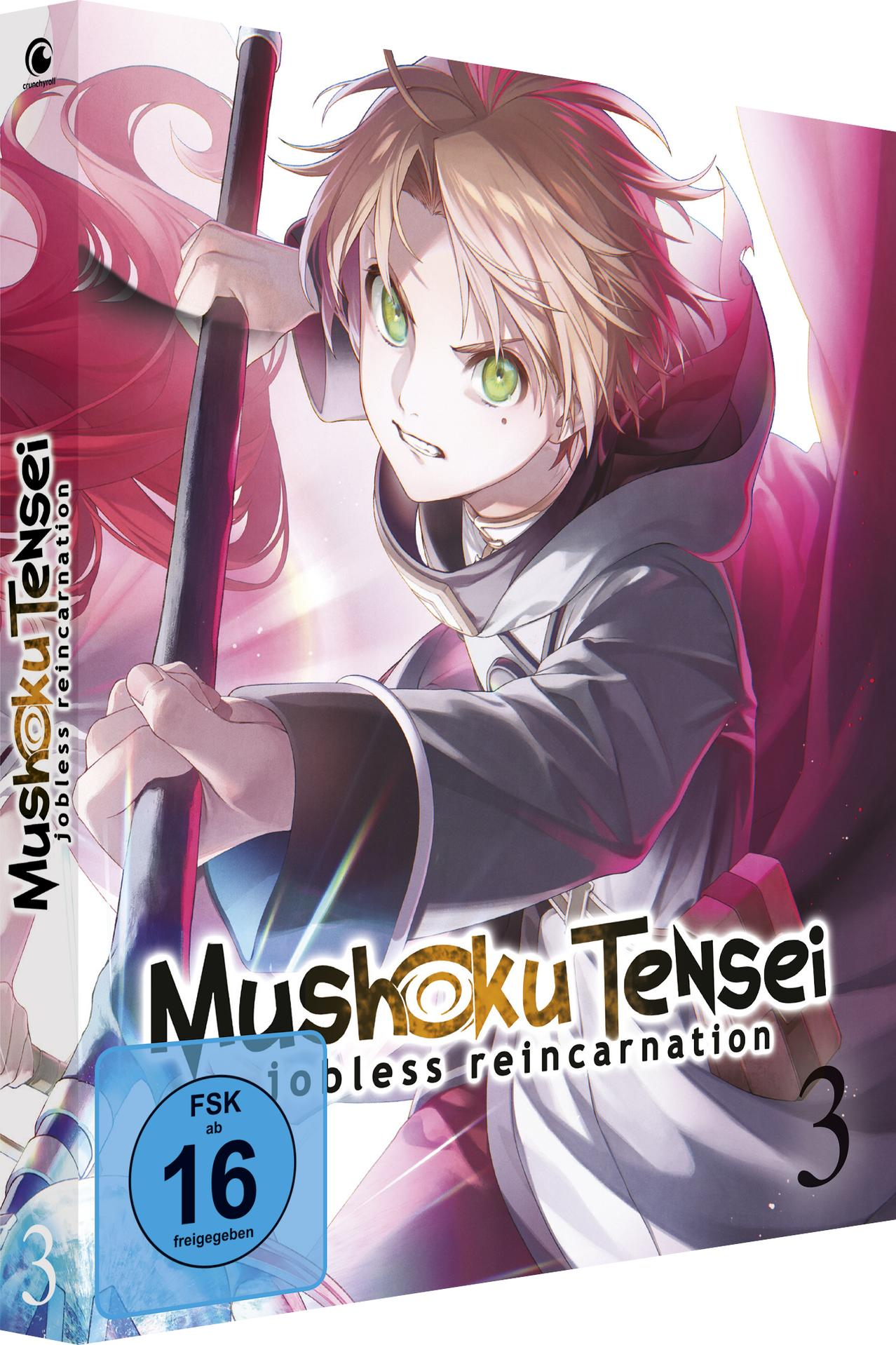 Manga-Buchcover mit einem Manga-Charakter, der einen Stab hält. Titel ist 'Mushoku Tensei' und 'jobless reincarnation'.