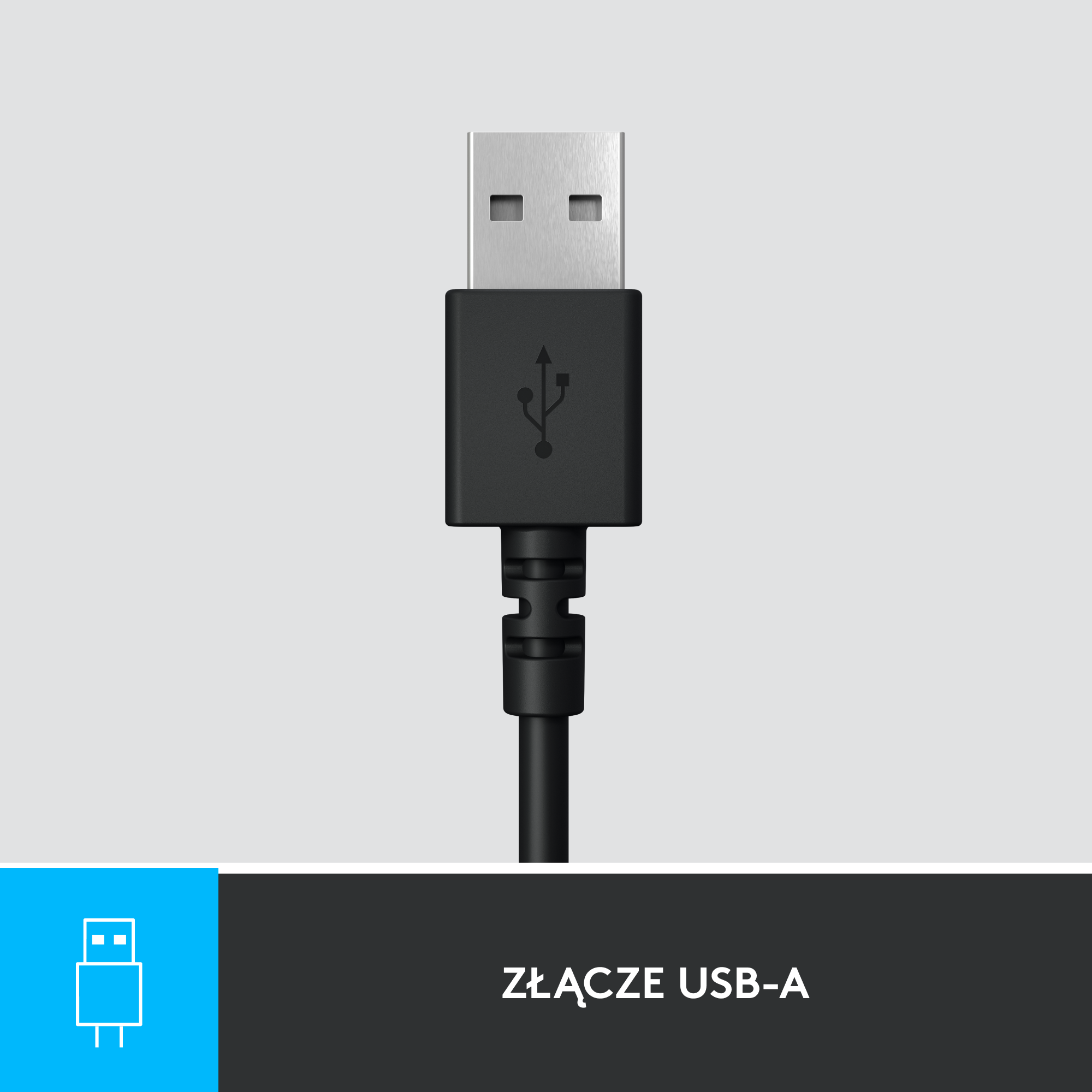 Kabel z wtyczką USB-A. Jest czarny, z niebieską grafiką i tekstem. Jasne tło.