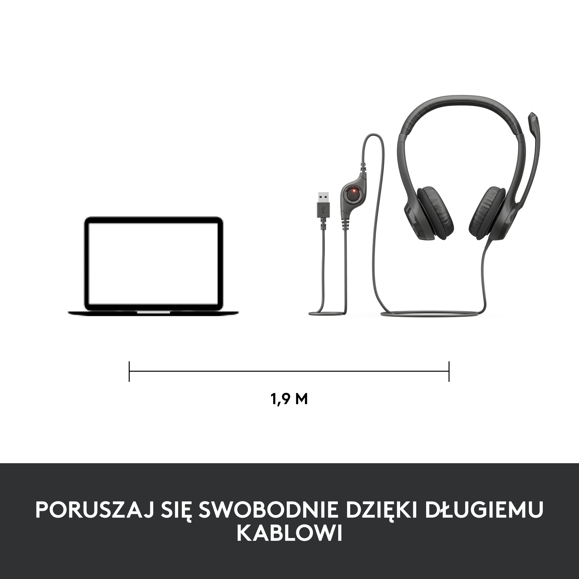 Laptop i zestaw słuchawkowy na czarnym tle. Zestaw słuchawkowy po prawej stronie, podłączony do laptopa przez USB.