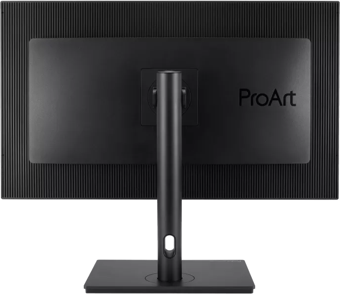 Fekete számítógép monitor hátulról, ProArt logóval és állvánnyal. A hátlap bordázott.