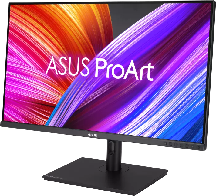 ASUS ProArt monitor fekete állványon, színes háttérrel.