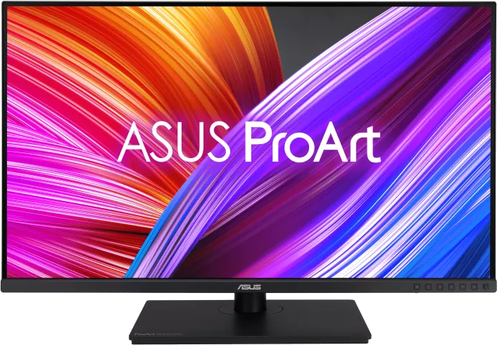 Asus monitor színes, absztrakt háttérrel. Fekete állvány, a képernyő a termék logóját mutatja.