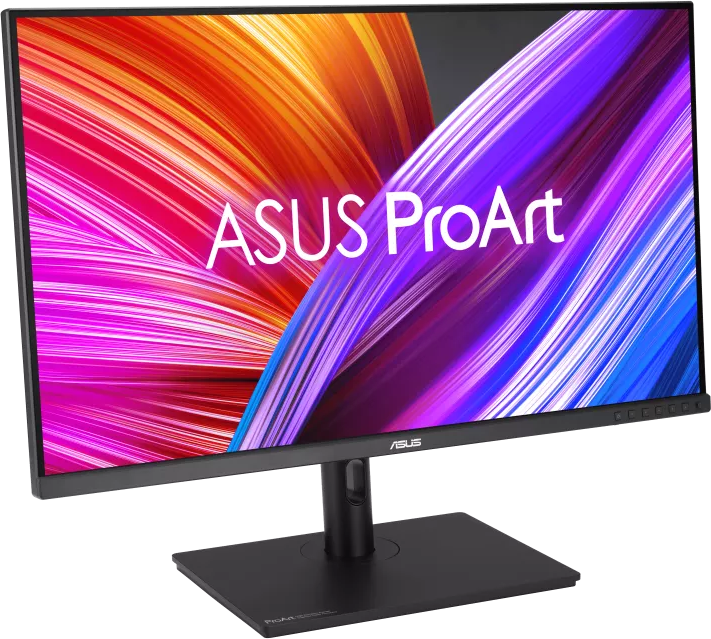 Egy ASUS ProArt monitor, fekete, színes kijelzővel.
