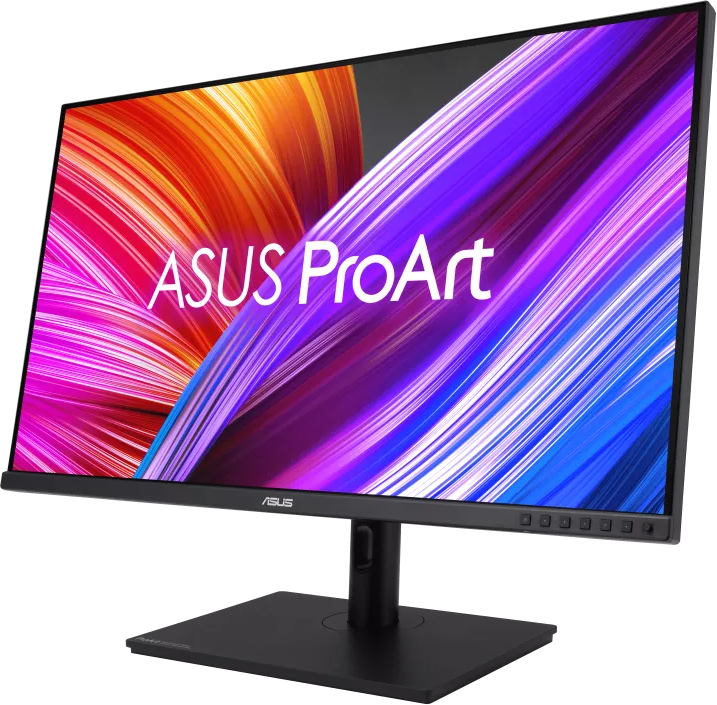 Fekete monitor ASUS ProArt logóval. Színes absztrakt grafikát jelenít meg.