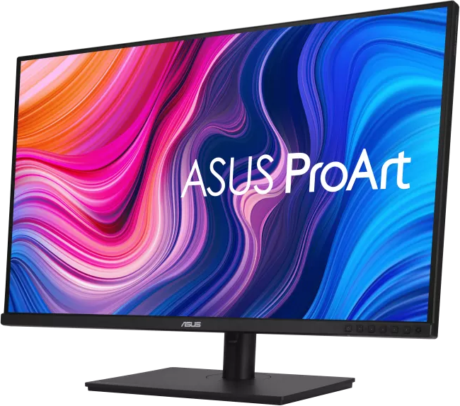 A fekete monitor színes absztrakt művészetet jelenít meg, ASUS ProArt logóval. A háttér fekete.