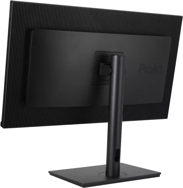 Egy fekete számítógép monitor hátulnézete, állvánnyal.