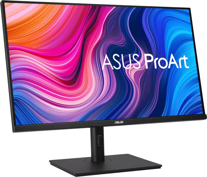 Egy számítógép monitor fekete kerettel, színes absztrakt dizájnnal és az ASUS ProArt logóval.