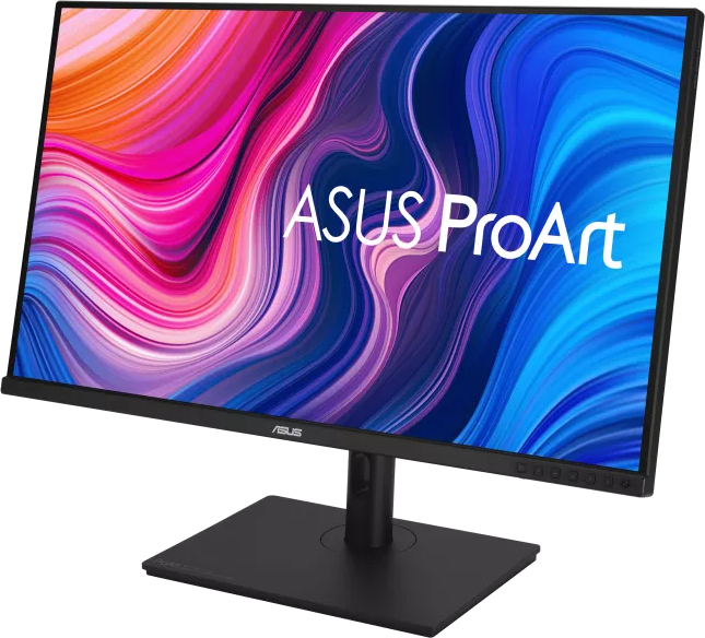 ASUS ProArt monitor. A képernyő színes absztrakt művészetet jelenít meg. Fekete keret és állvány.
