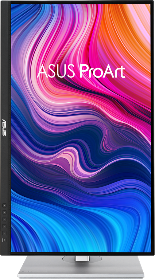 ASUS ProArt monitor, függőleges nézet. A képernyő színes absztrakt grafikát jelenít meg. Az alap ezüst.