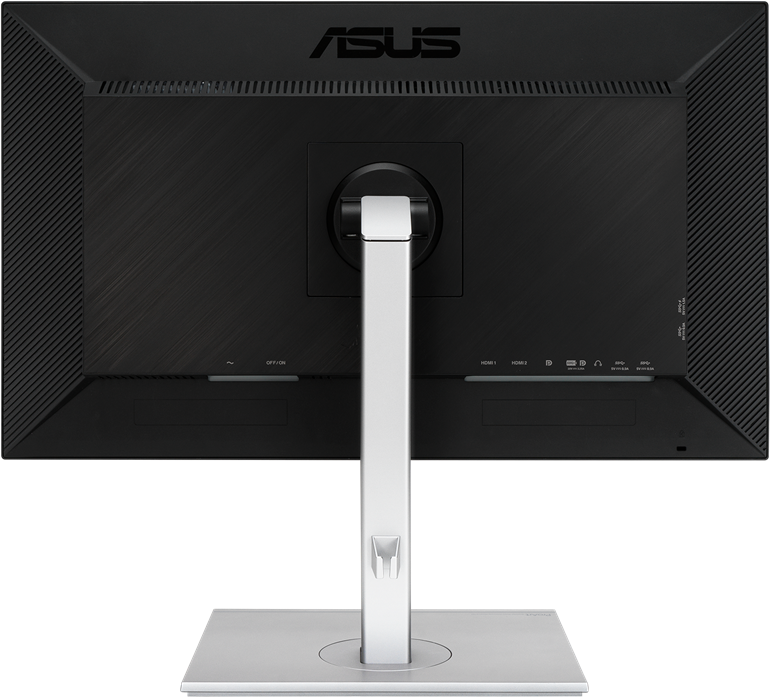 Egy fekete számítógép monitor hátulja, több porttal és egy állvánnyal. Az ASUS logója látható a tetején.
