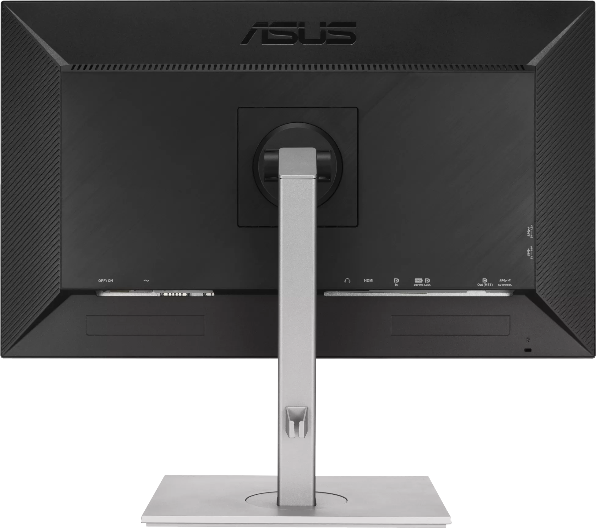 Fekete ASUS monitor hátulja portokkal és állvánnyal, fekete háttér előtt.