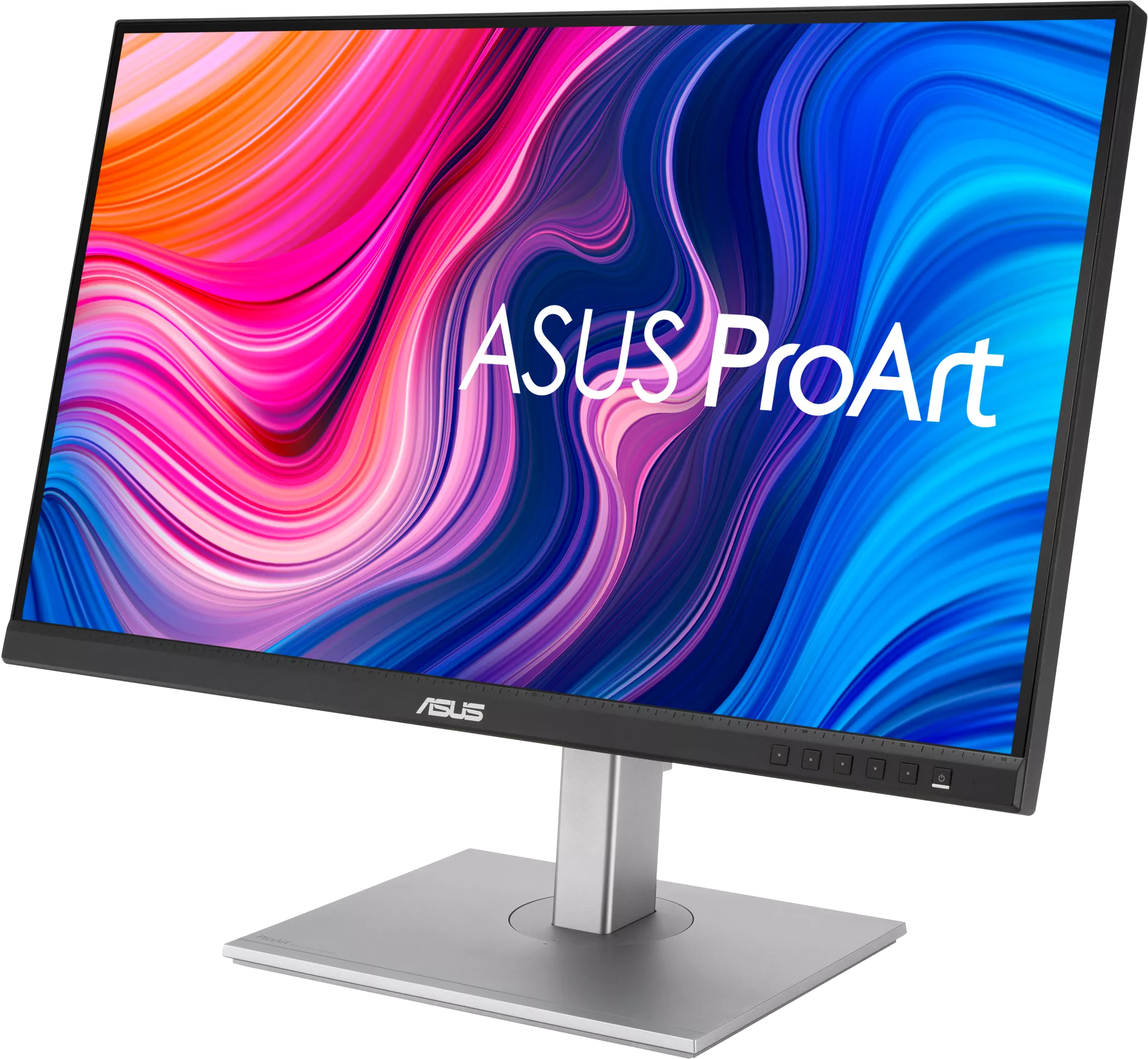 ASUS ProArt monitor színes absztrakt kijelzővel, ezüst állványon.