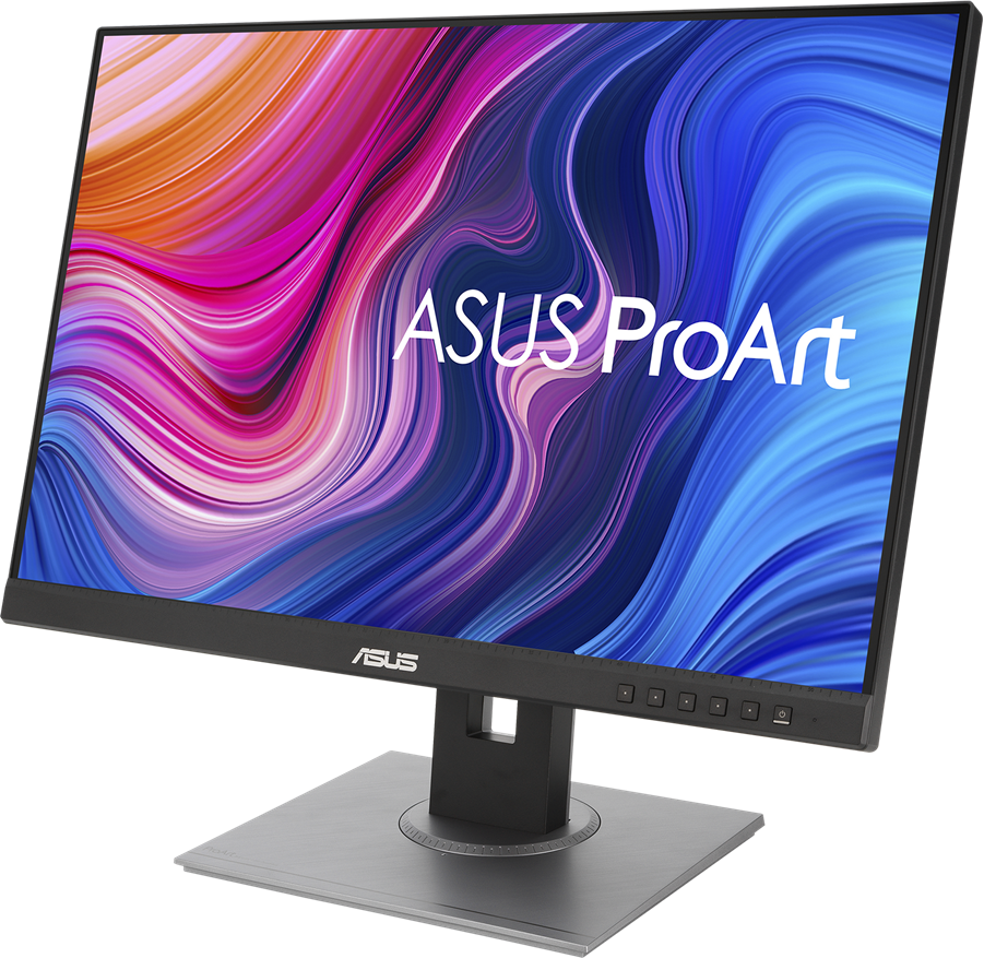 ASUS ProArt monitor ívelt, színes képernyővel és sötét állvánnyal.