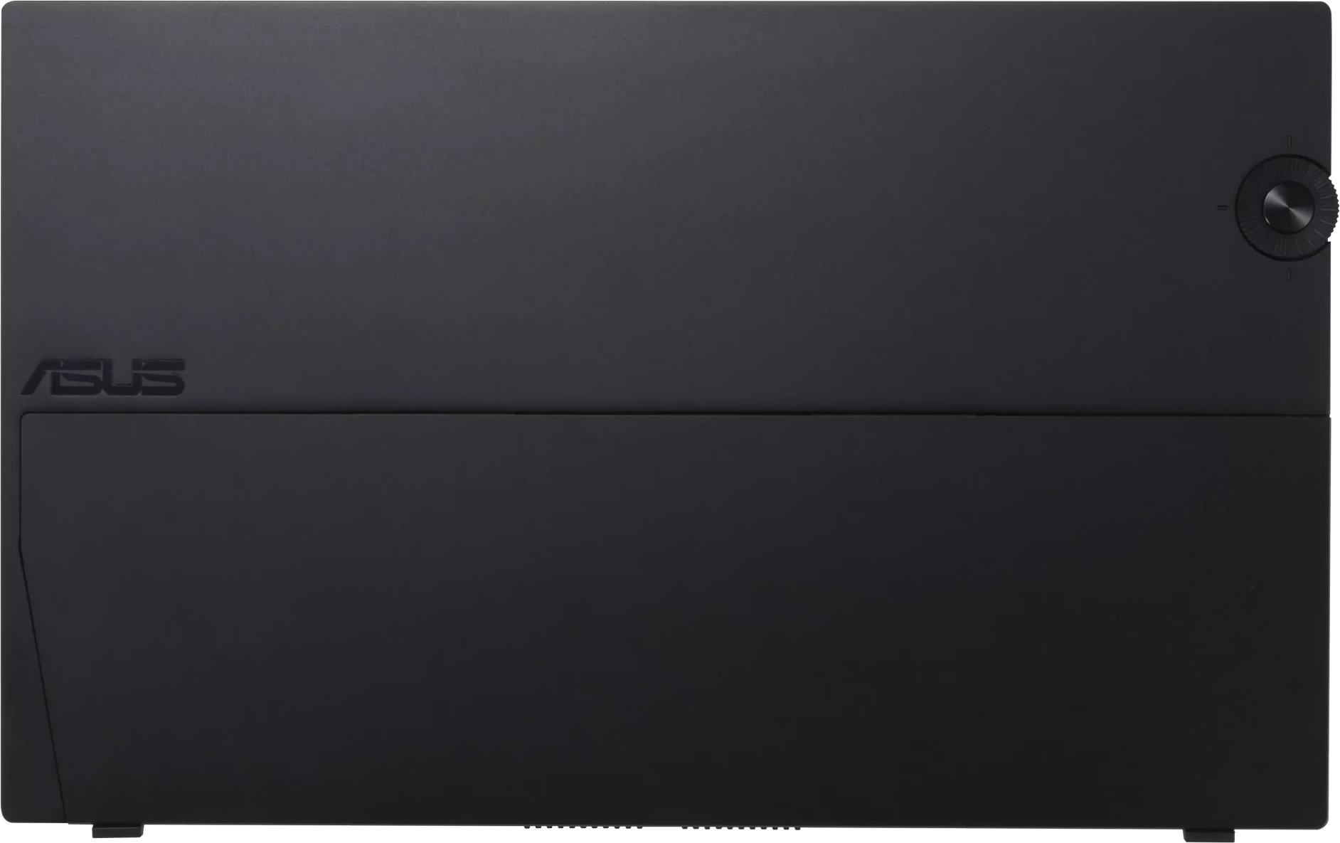Fekete ASUS számítógép bekapcsológombbal. Sötét háttér.