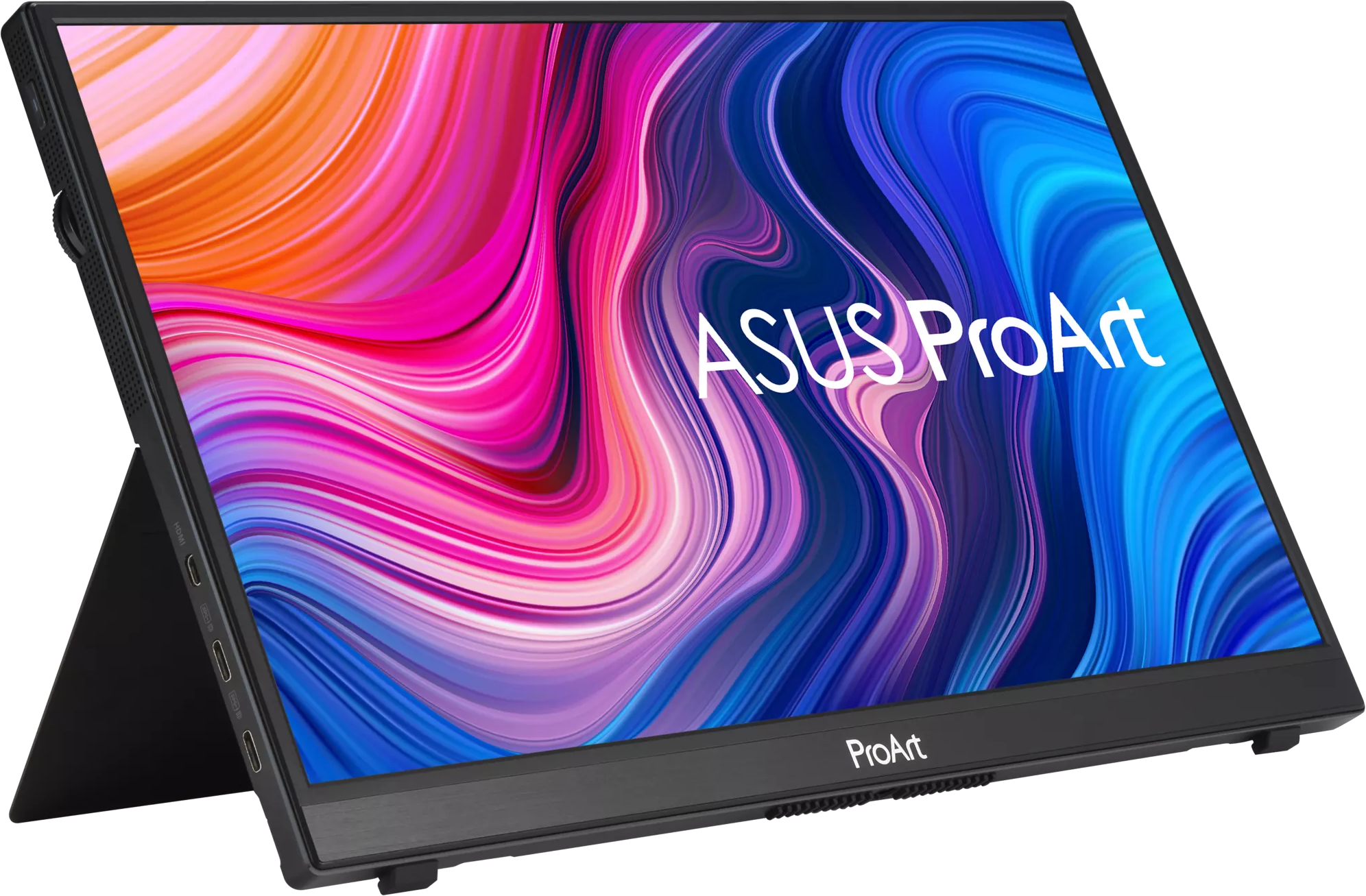 Fekete hordozható monitor színes kijelzővel és az ASUS ProArt logóval.