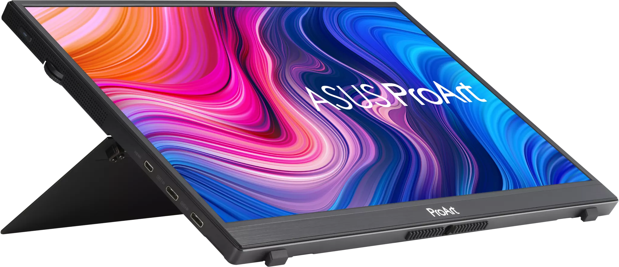 ASUS ProArt kijelző, fekete, nyitott állvánnyal. A képernyő be van kapcsolva, és színes képet mutat.