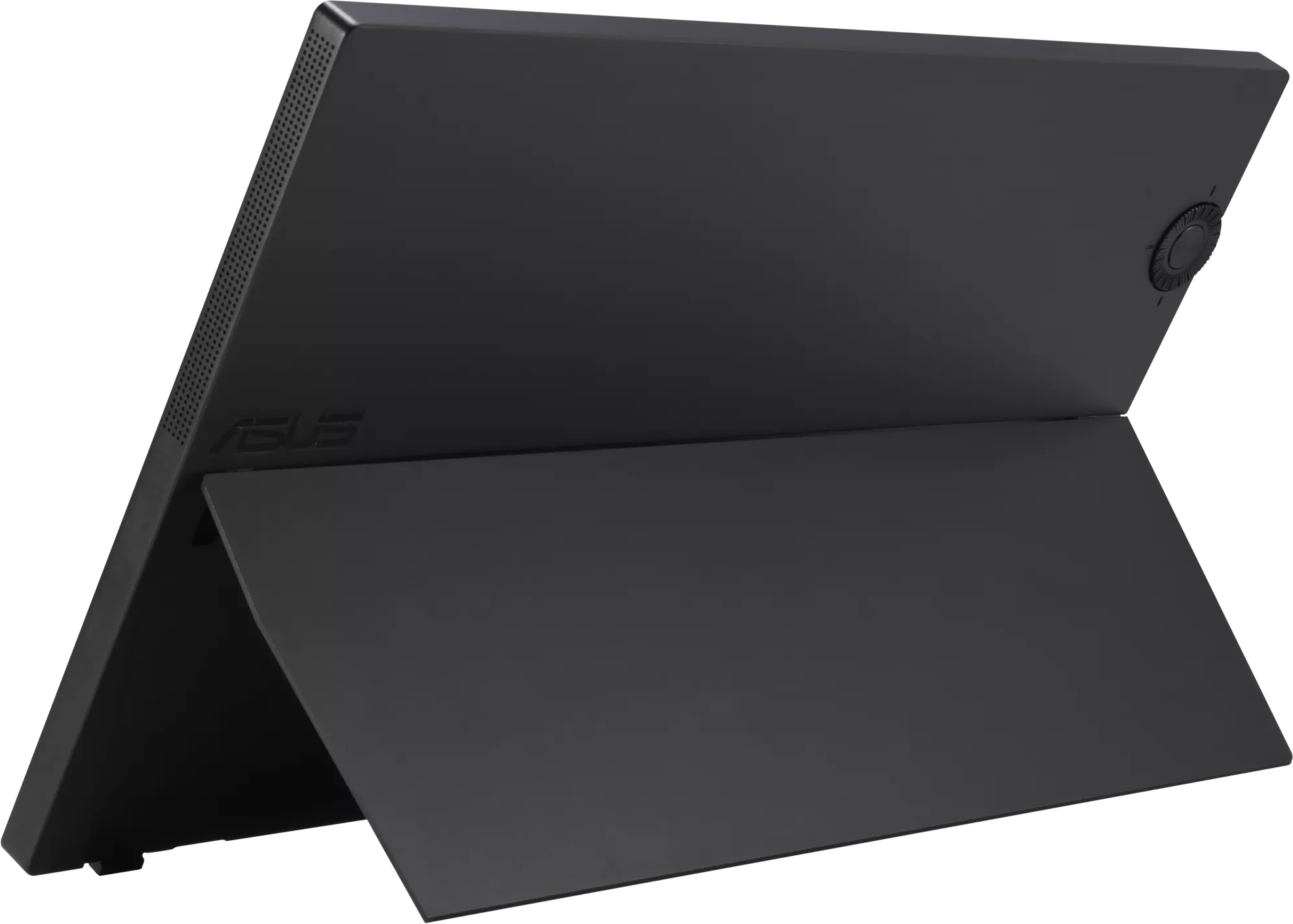 Fekete tablet állvánnyal fekete háttérben, szögletes nézet, ASUS logó látható.