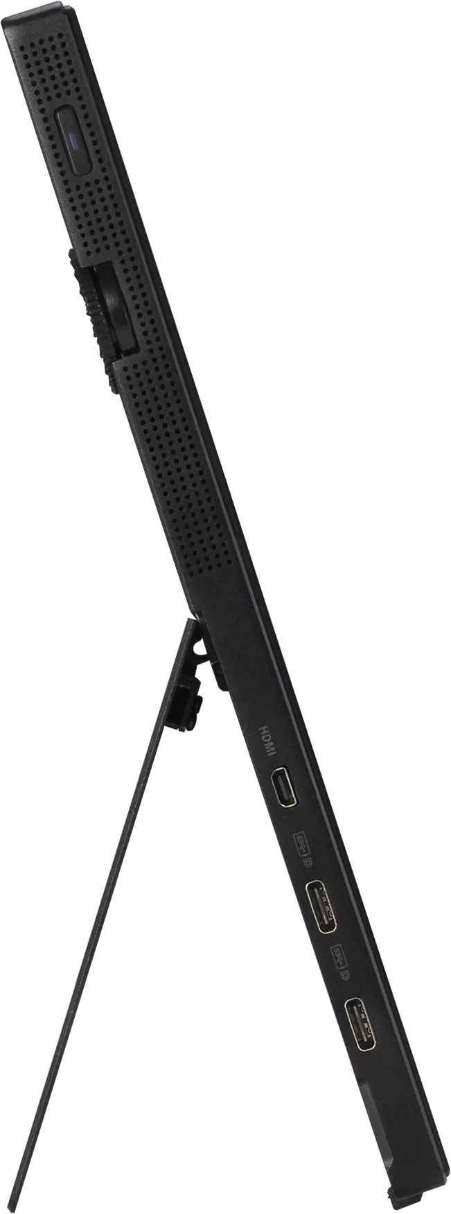 Fekete táblagép, állványon megdöntve. Perforált hátlapja és HDMI, USB-C feliratú portjai vannak.
