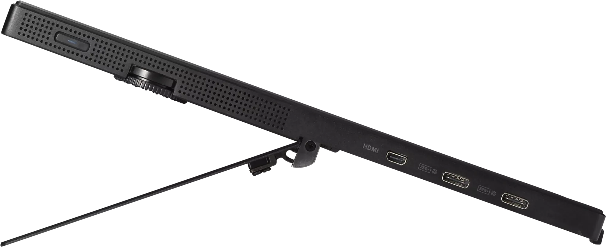 Fekete projektor portokkal: HDMI, USB, stb. Hátsó támasztékkal rendelkezik.