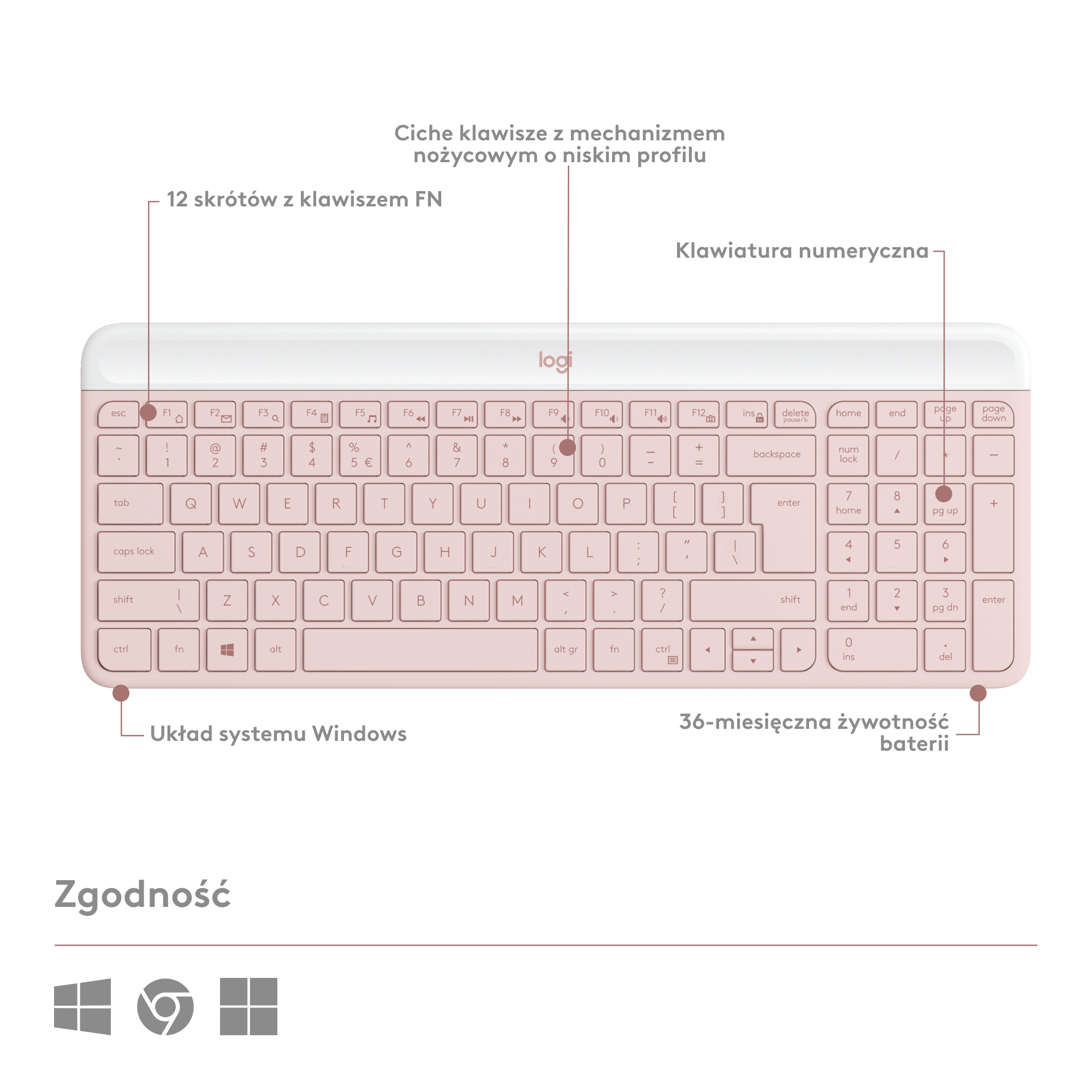 Różowo-biała klawiatura z układem Windows, marki Logitech.