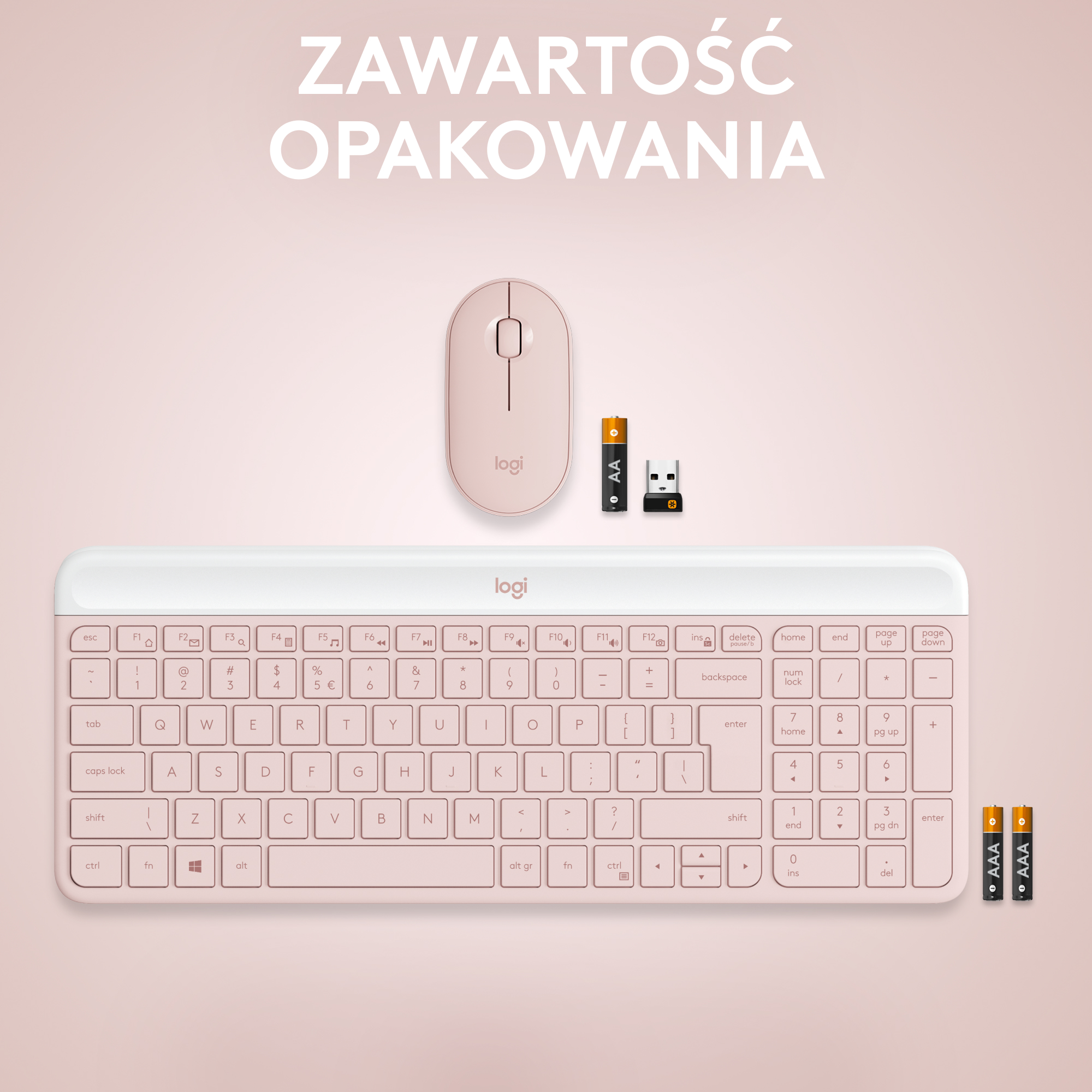 Różowa klawiatura, mysz i baterie Logitech na różowej powierzchni.
