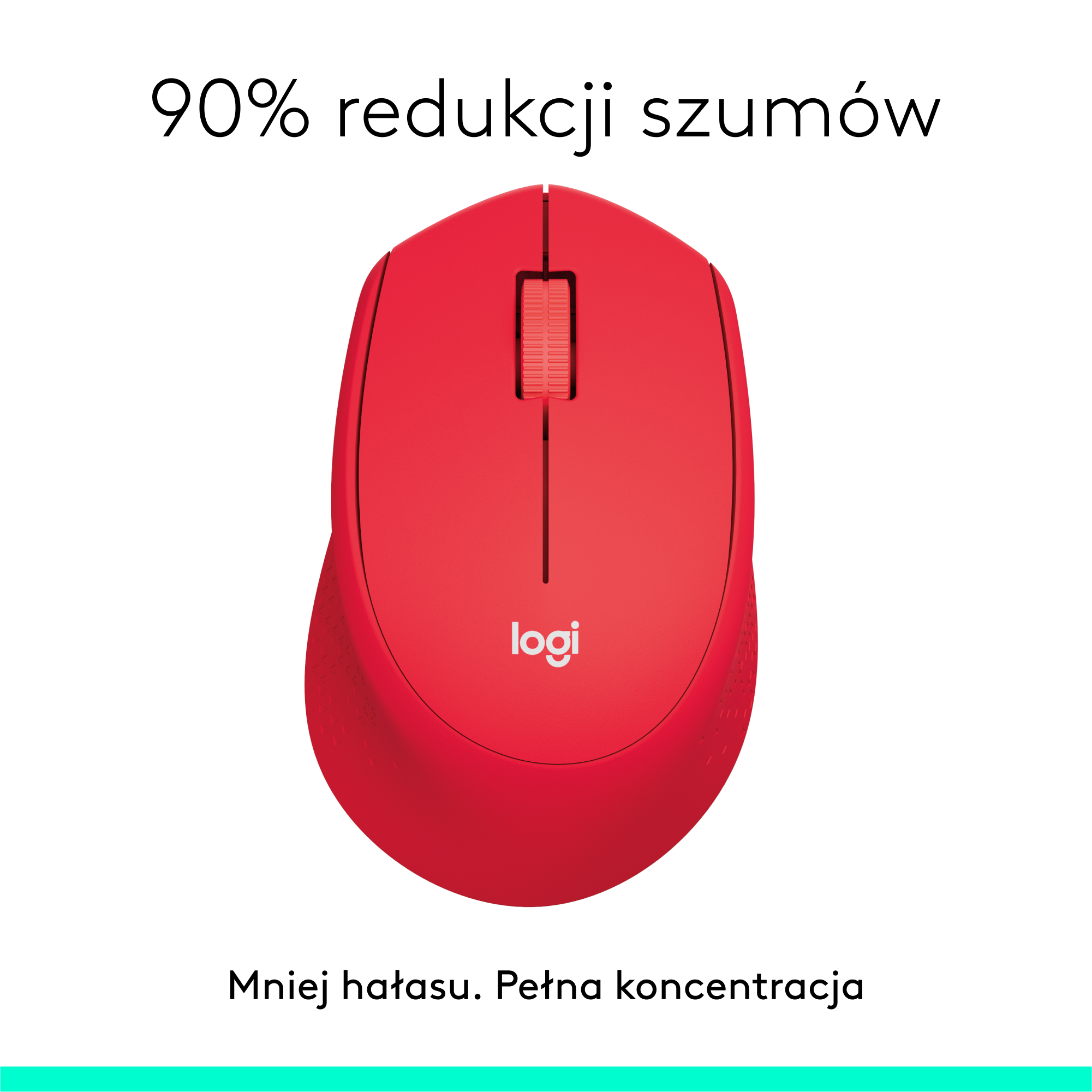 Czerwona mysz komputerowa z tekstem 90% redukcji szumów.