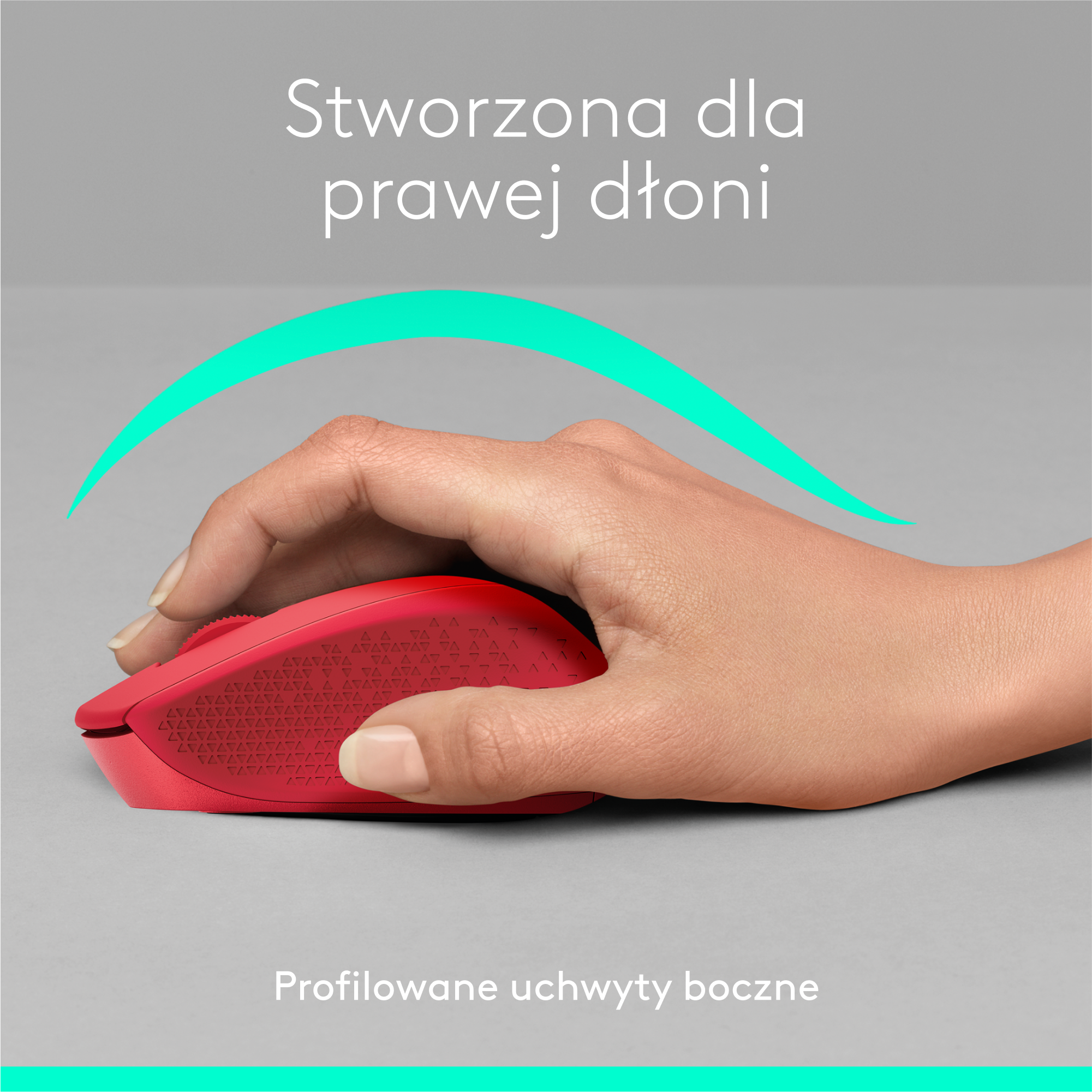 Czerwona mysz z tekstem: Zaprojektowana dla prawej dłoni, profilowane uchwyty boczne.