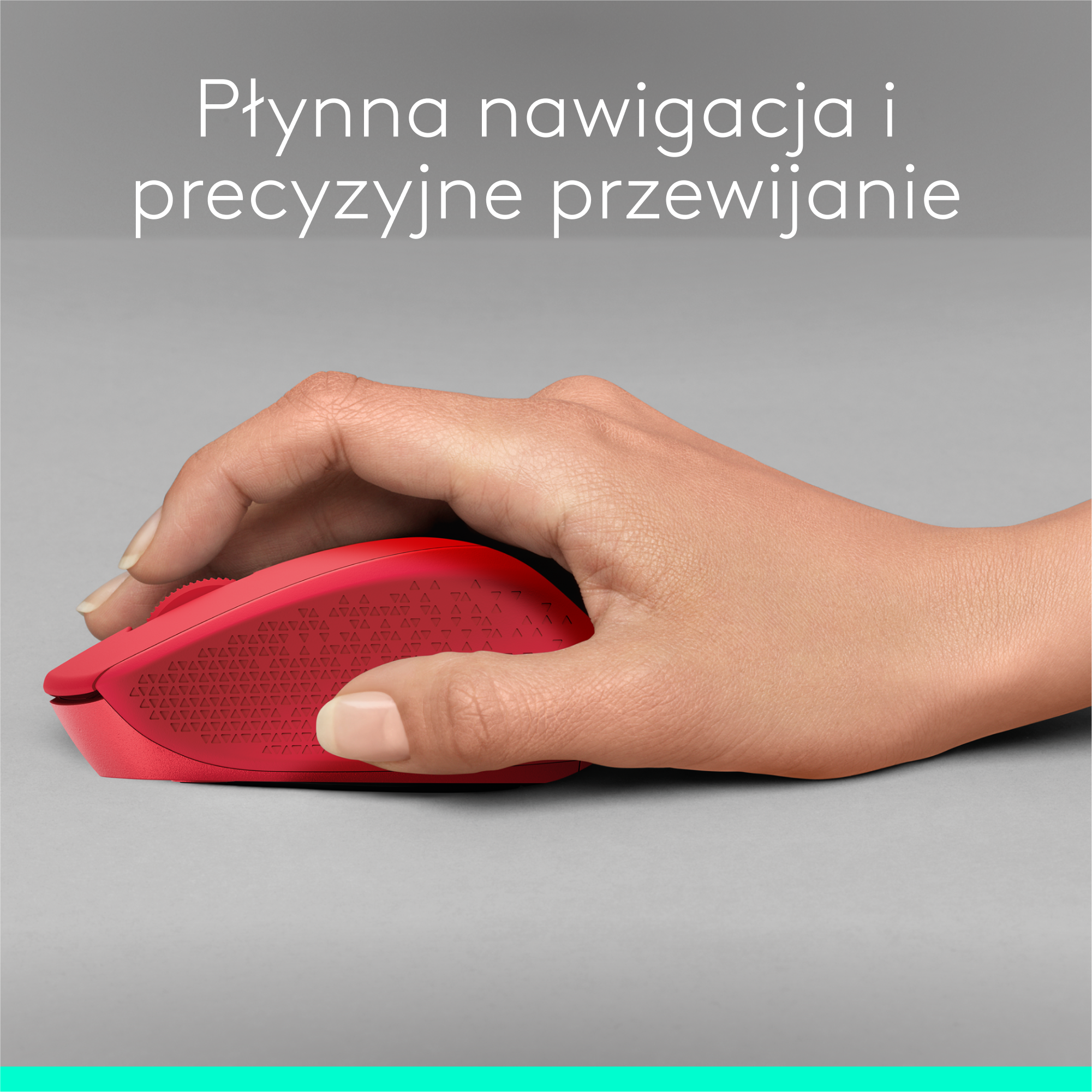 Czerwona mysz trzymana przez dłoń. Tekst mówi 'Płynna nawigacja i precyzyjne przewijanie'.