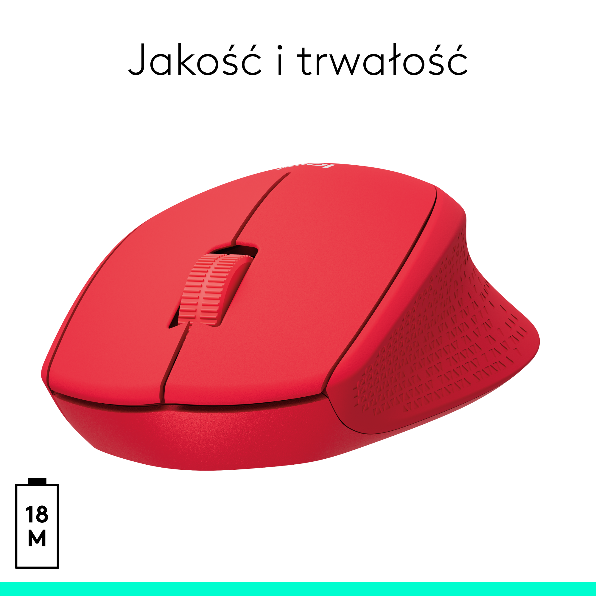 Czerwona mysz Logitech. Tekst: Jakosc i trwalosc. Białe tło. Ikona baterii 18M.