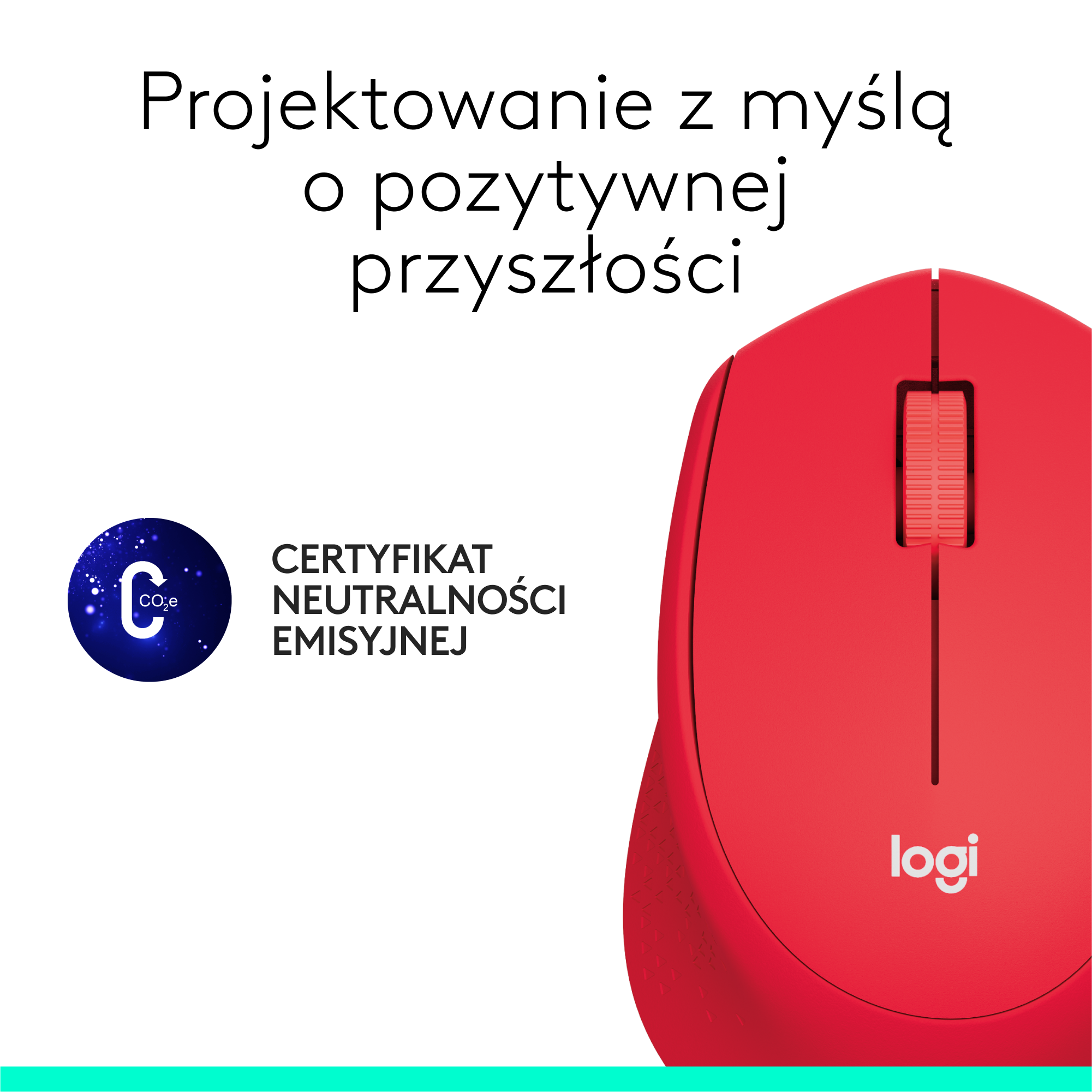 Czerwona mysz komputerowa z logo Logi i certyfikatem neutralności emisyjnej.