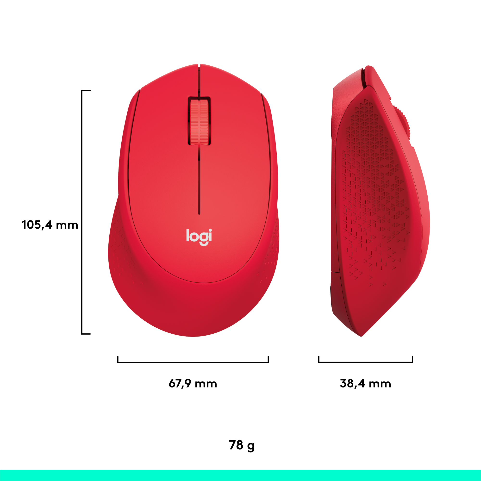 Czerwona mysz Logitech z wymiarami. Widok z boku pokazuje teksturowaną powierzchnię.