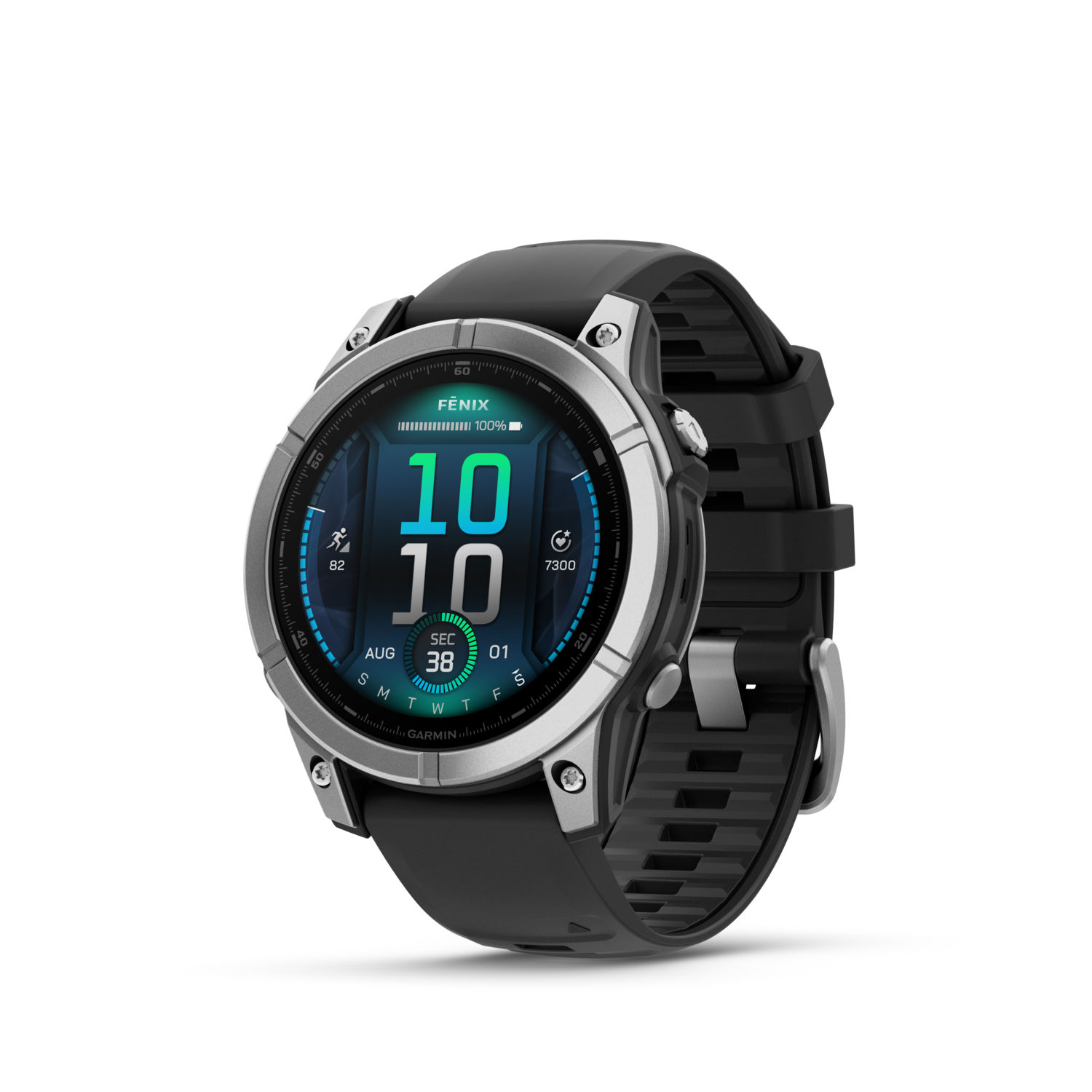 Smartwatch Garmin Fenix. Design noir et argent. Affichage numérique avec des chiffres.