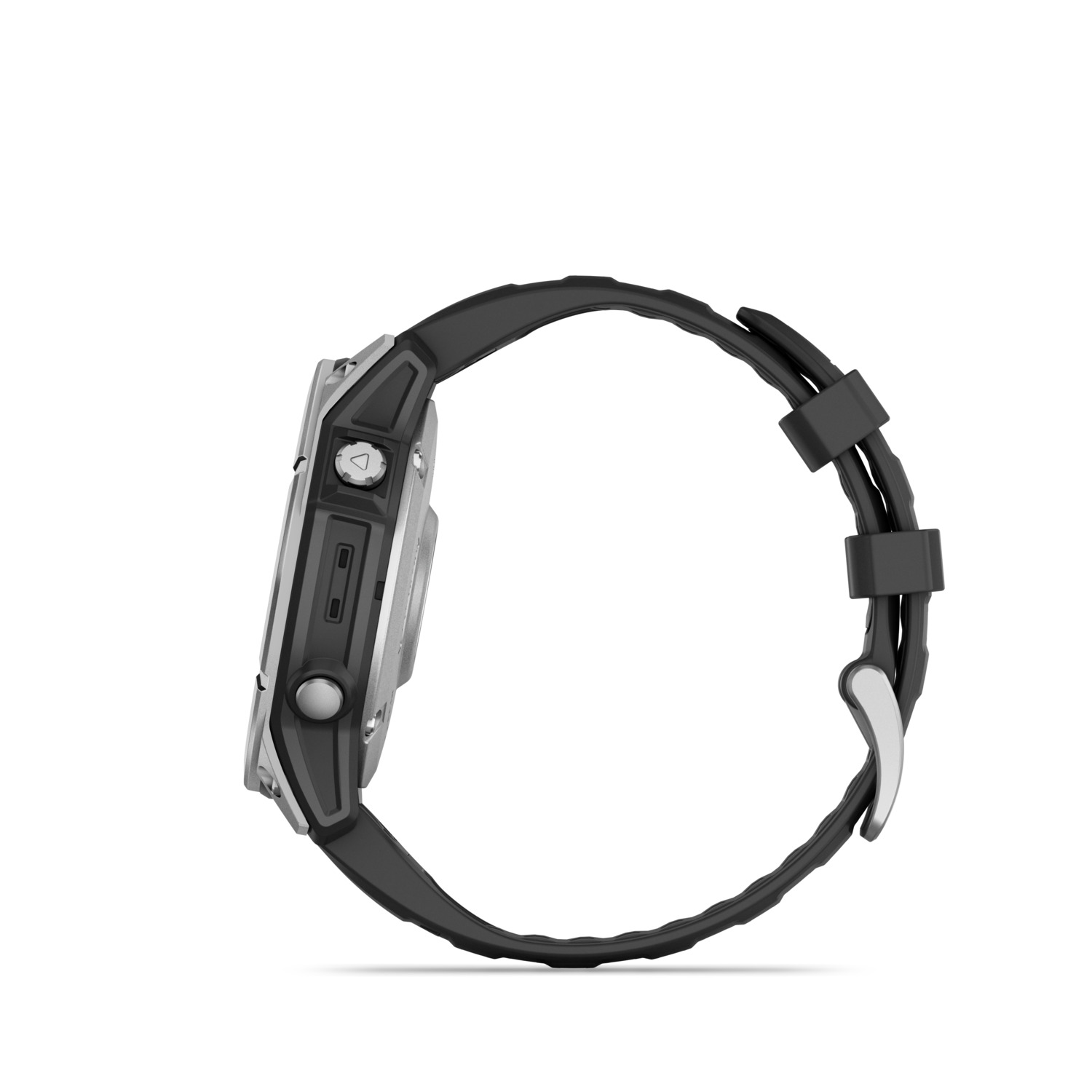 Vue latérale d'une montre intelligente noire et argentée avec bracelet noir.