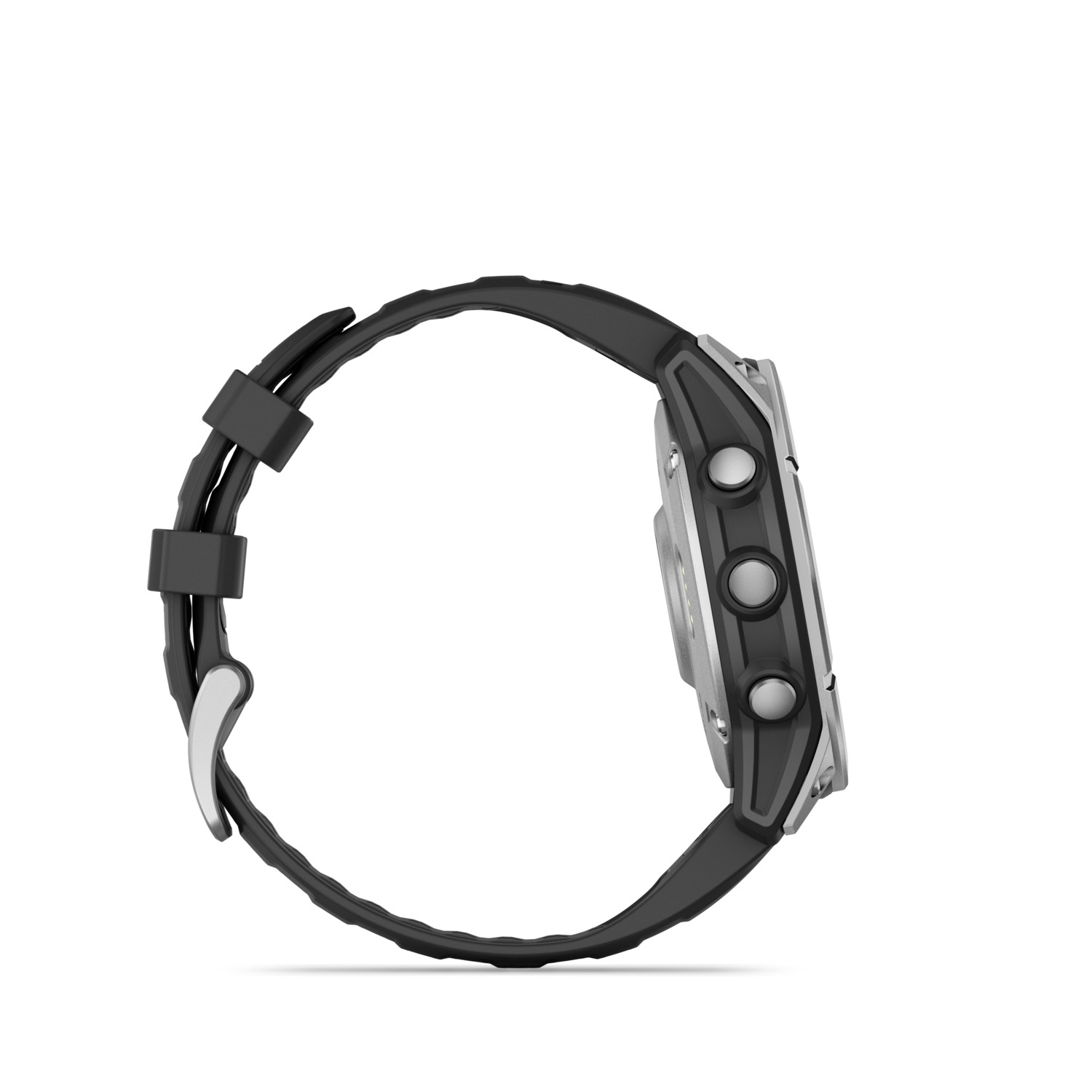 Vue latérale d'une montre intelligente noire avec bracelet noir et détails argentés.