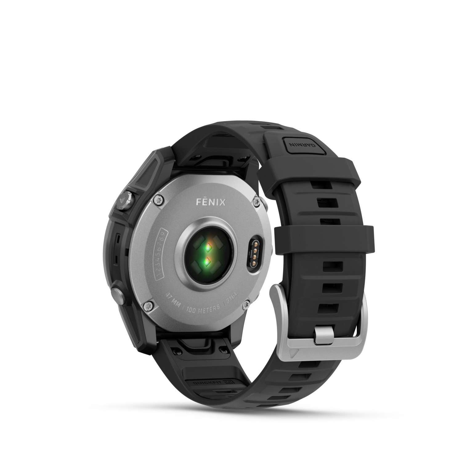 Montre Garmin Fenix noire, vue arrière. Montre les capteurs et les détails du bracelet.