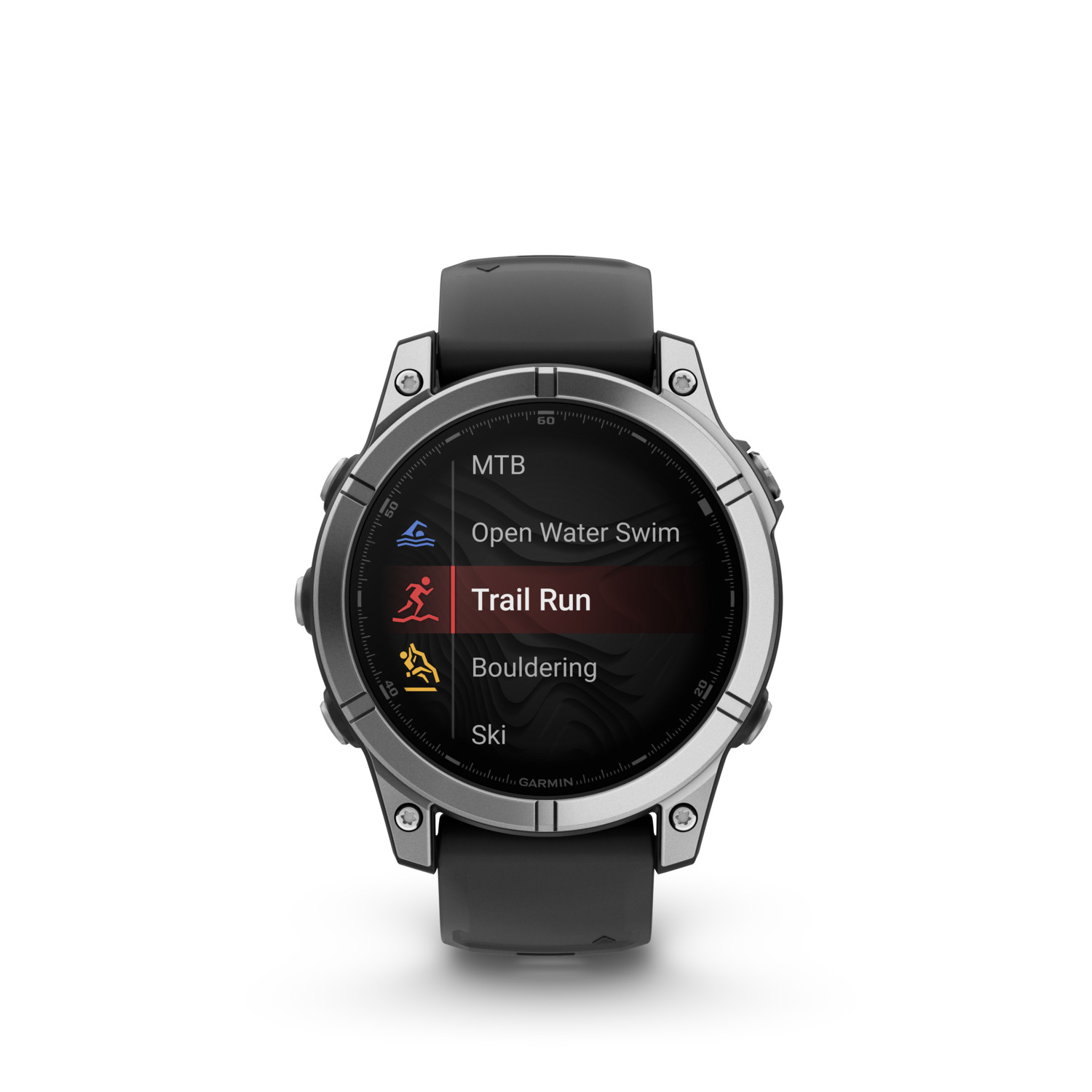Smartwatch avec options d'activité : Trail Run mis en évidence. Bracelet noir, lunette grise.