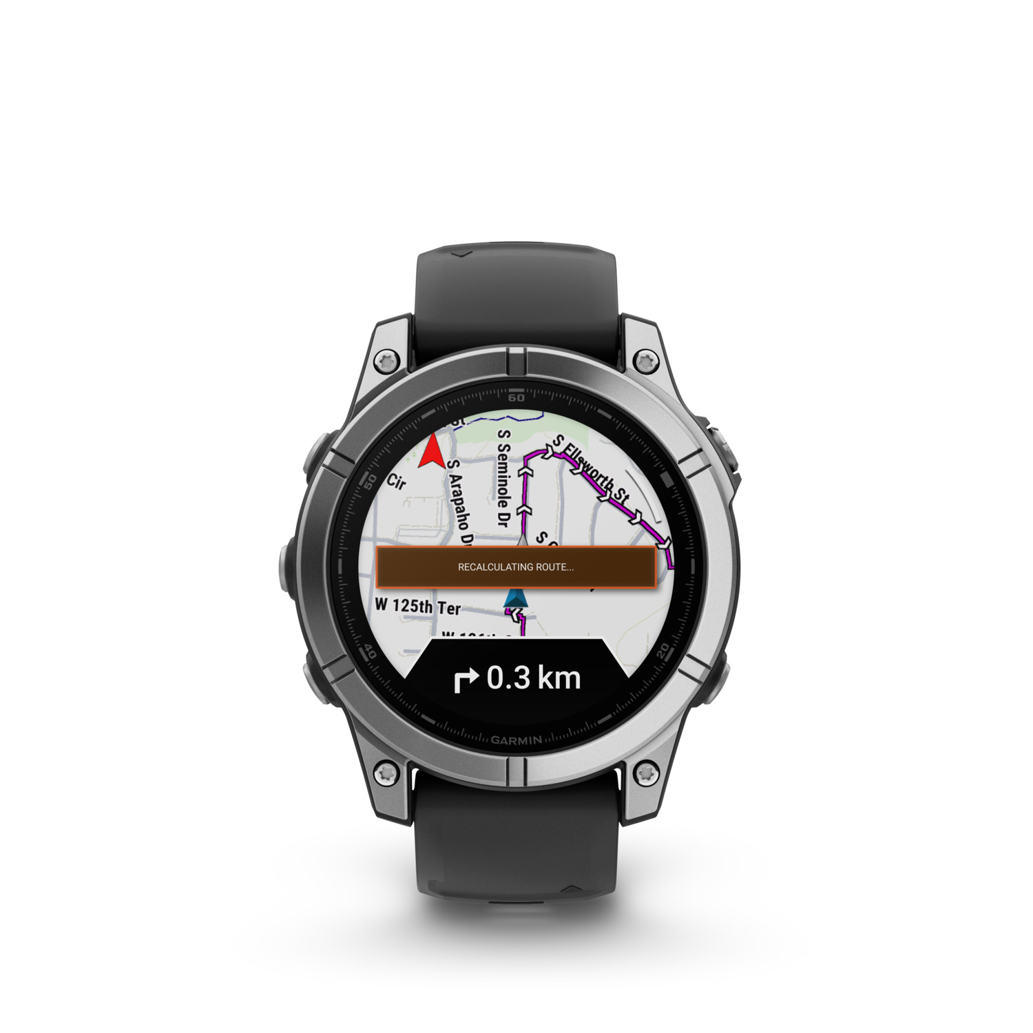 Une smartwatch Garmin affichant une carte avec un itinéraire en surbrillance, entourée d'un bracelet noir.