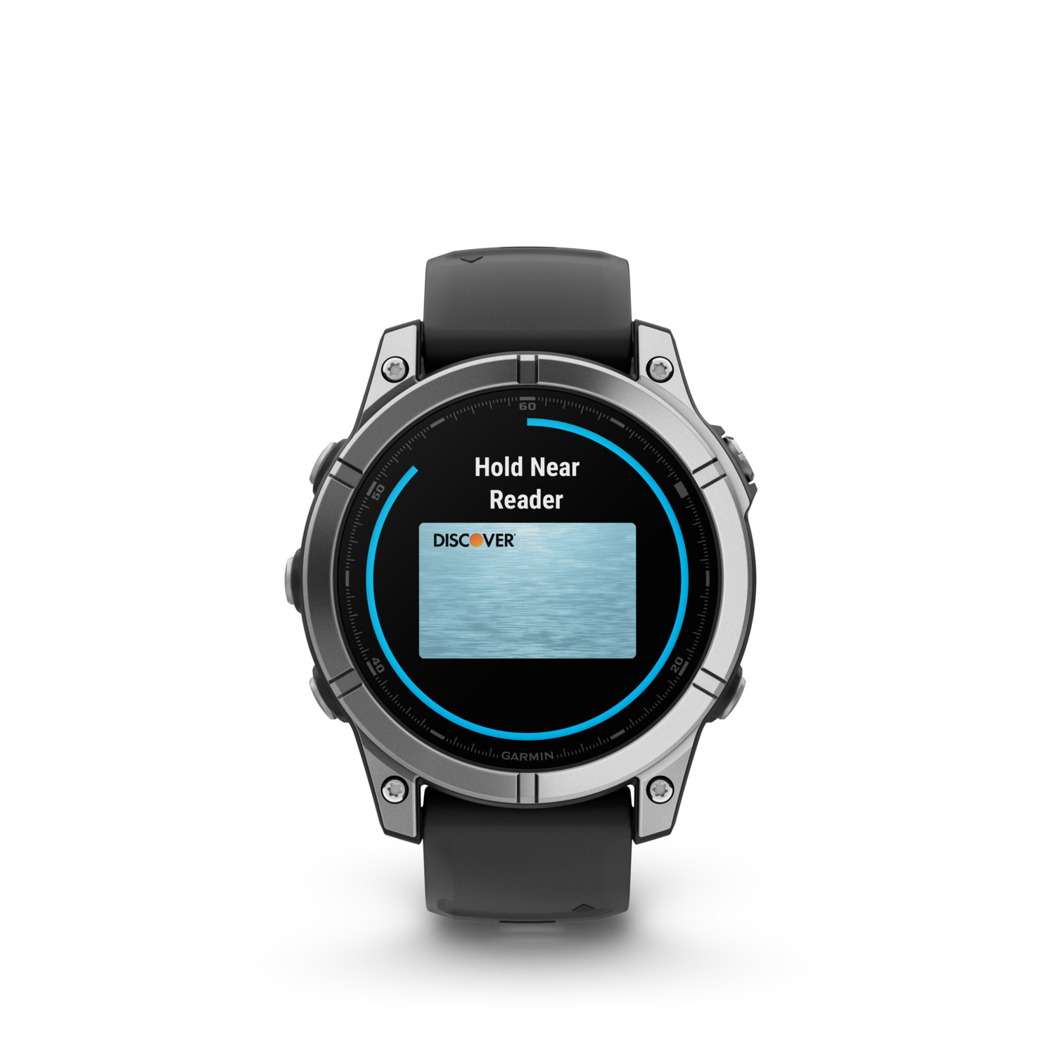 Montre intelligente Garmin affichant 'Hold Near Reader' avec logo Discover sur blanc.
