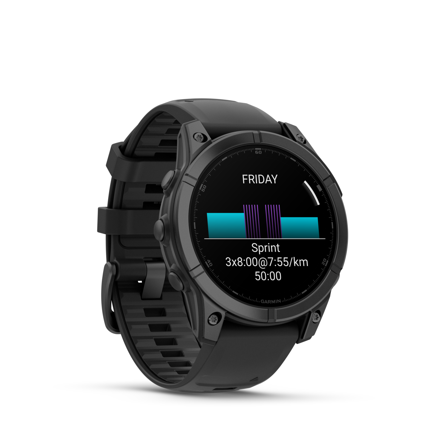Zwarte Garmin horloge met tijd en workout statistieken.