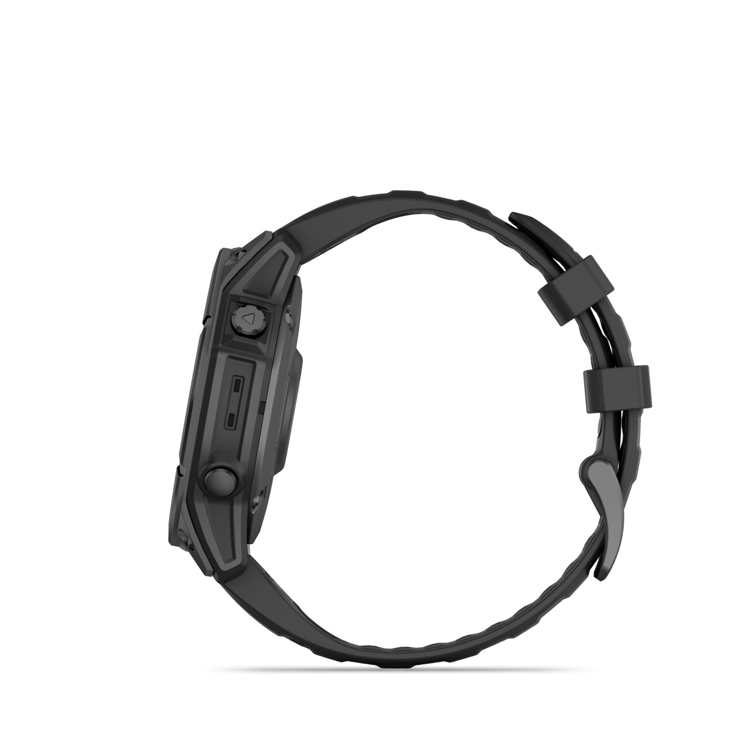 Zijaanzicht van een zwarte smartwatch met zwarte band op een witte achtergrond.