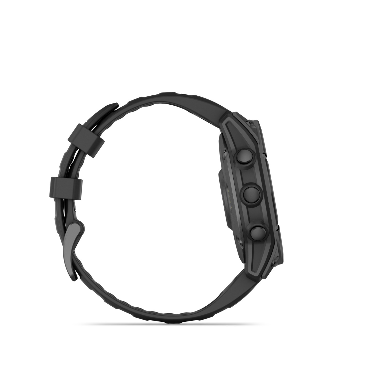 Een zwarte smartwatch, zijaanzicht.
