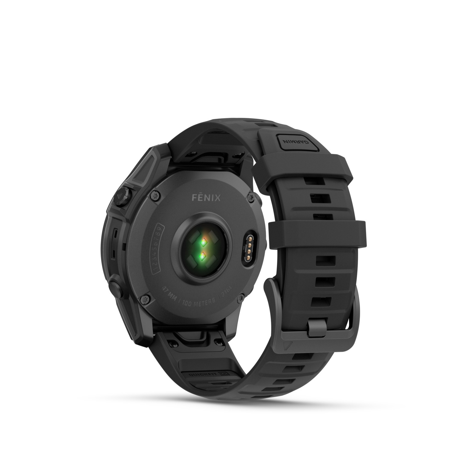 Zwarte Garmin Fenix horloge, achteraanzicht. Hartslagsensor zichtbaar. Zwarte band.