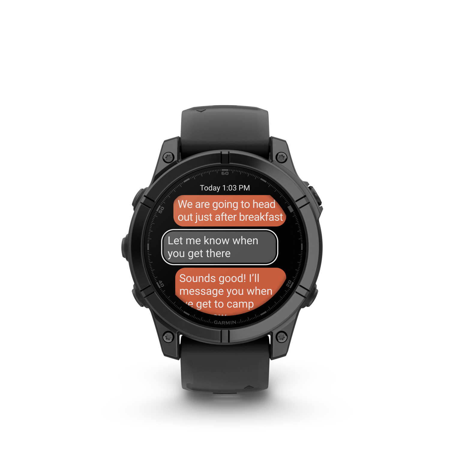 Zwart Garmin horloge met sms-berichten. Het horloge staat op een witte achtergrond.