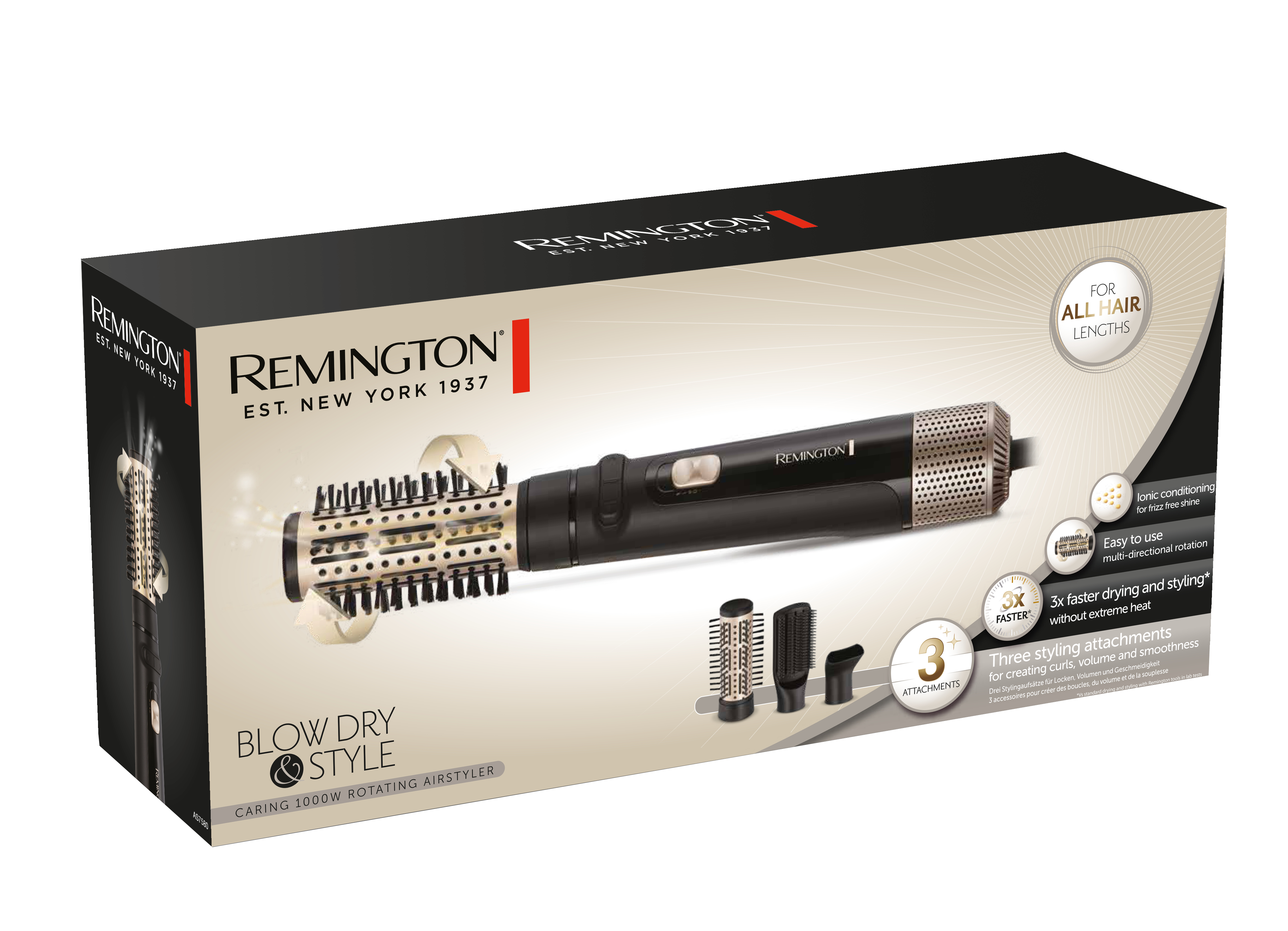 Box für einen 'Remington Blow Dry & Style' Haarstyler. Der Styler und Aufsätze sind abgebildet.