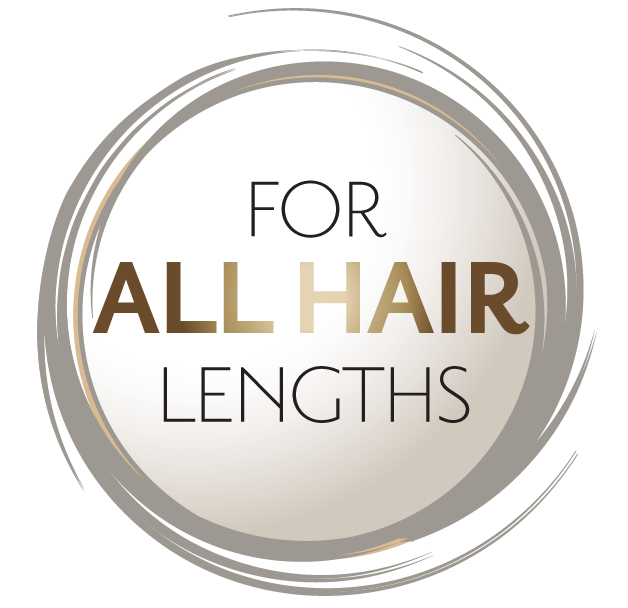 Ein kreisförmiges Logo mit dem Text: FÜR ALLE HAARLÄNGEN.