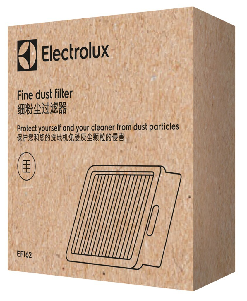 Kartondoboz szűrővel és Electrolux márkajelzéssel, több nyelven felirattal.