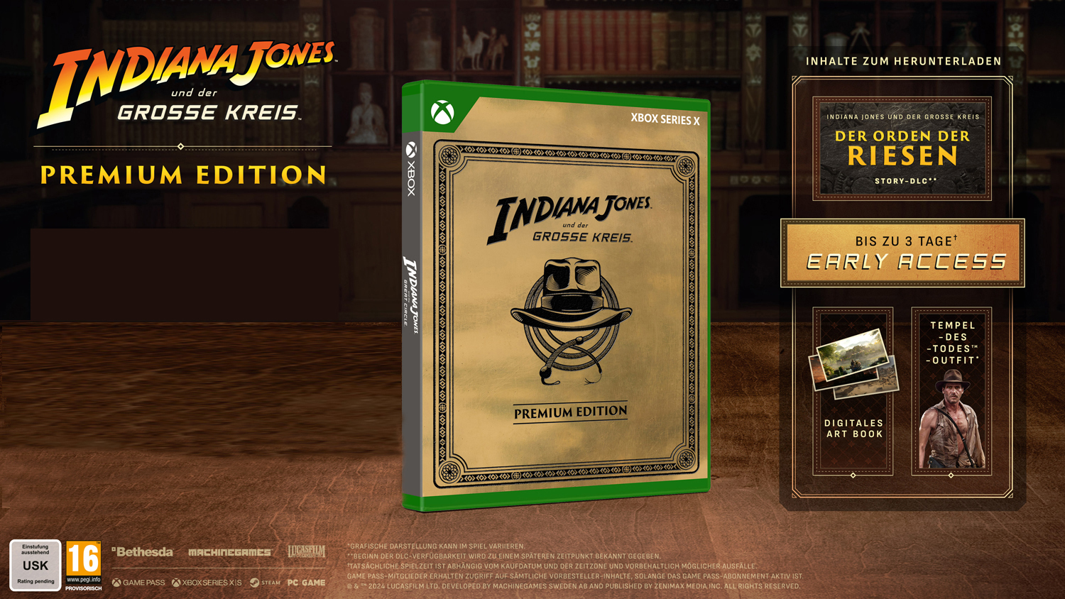 Indiana Jones Xbox Series X Spielbox, Premium Edition, mit Bonusinhalten.
