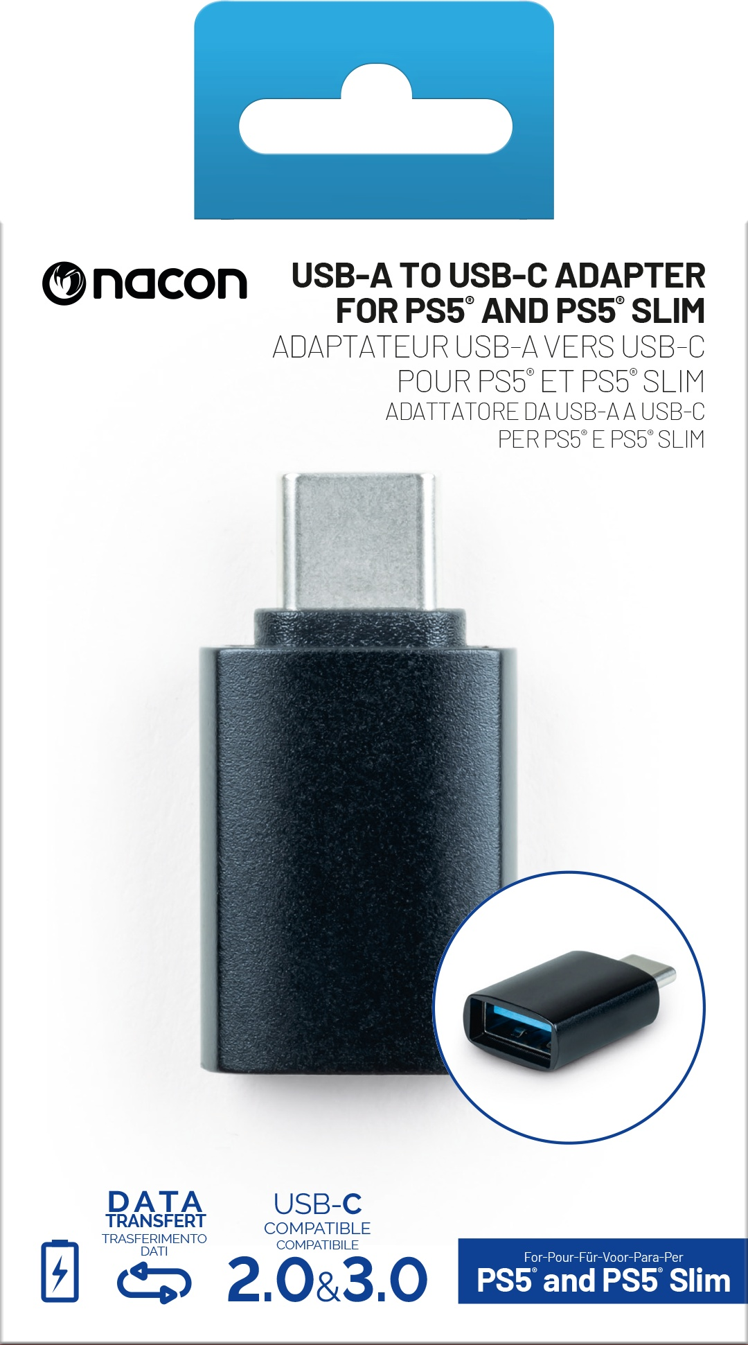 Un adaptateur USB-A vers USB-C noir dans un emballage. Texte : Adaptateur USB-A vers USB-C.